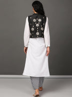 White Pleated Kurta, Pants & Jacket Set