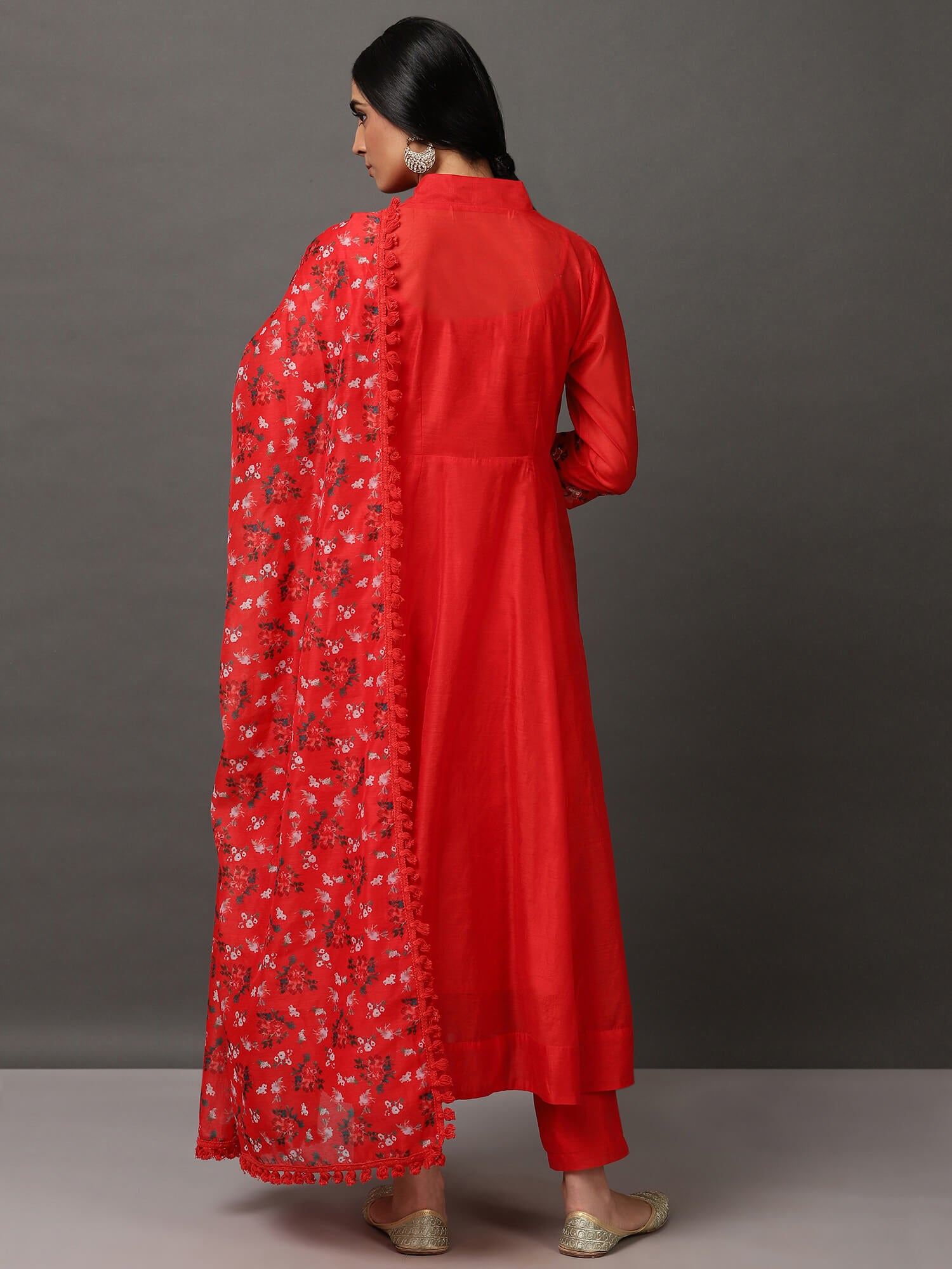 Red Solid Kalidar Kurta And Pant With Dupatta & Camisole
