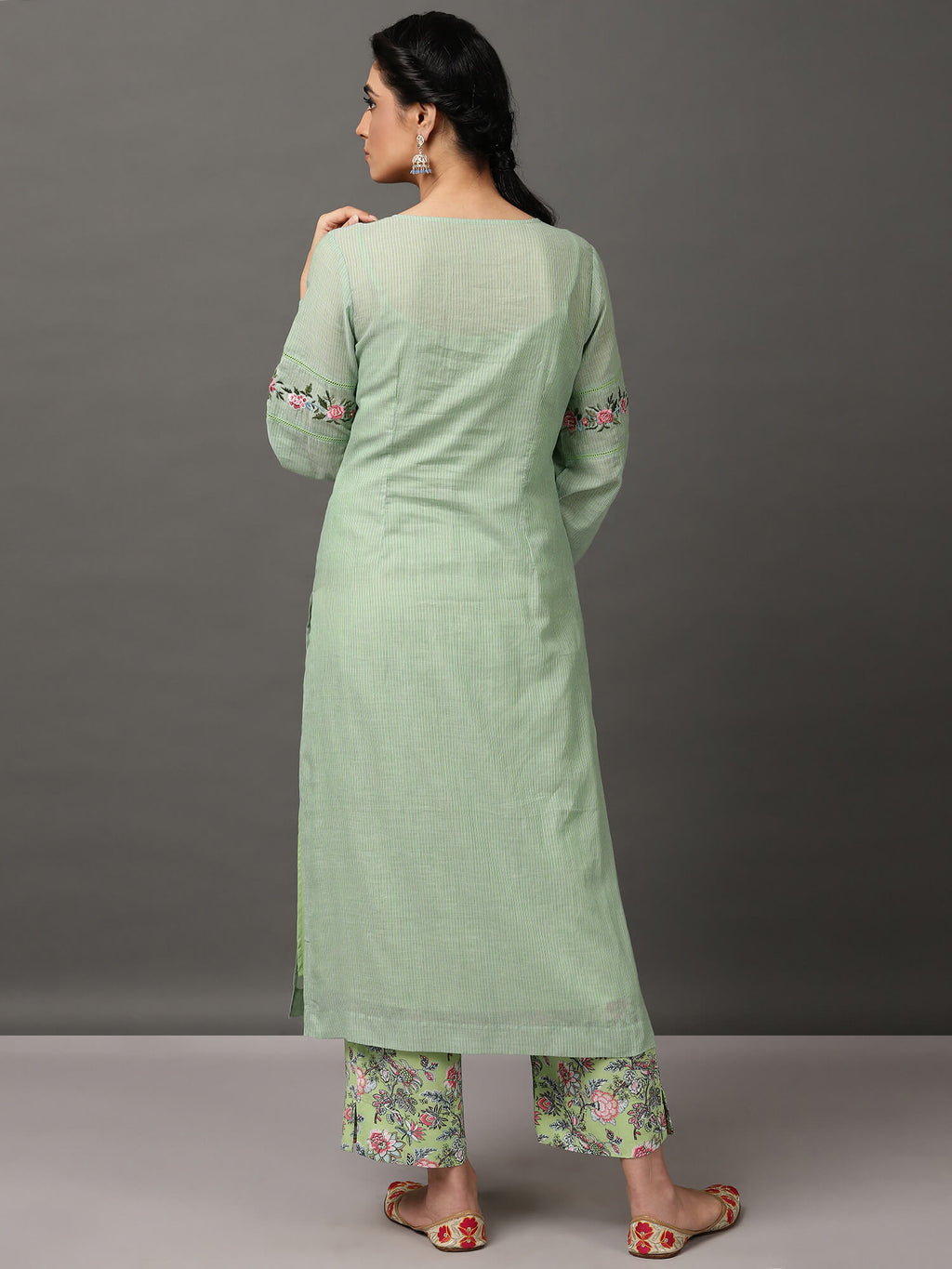 Green Yarn Dyed Kurta & Printed Pant With Inner
