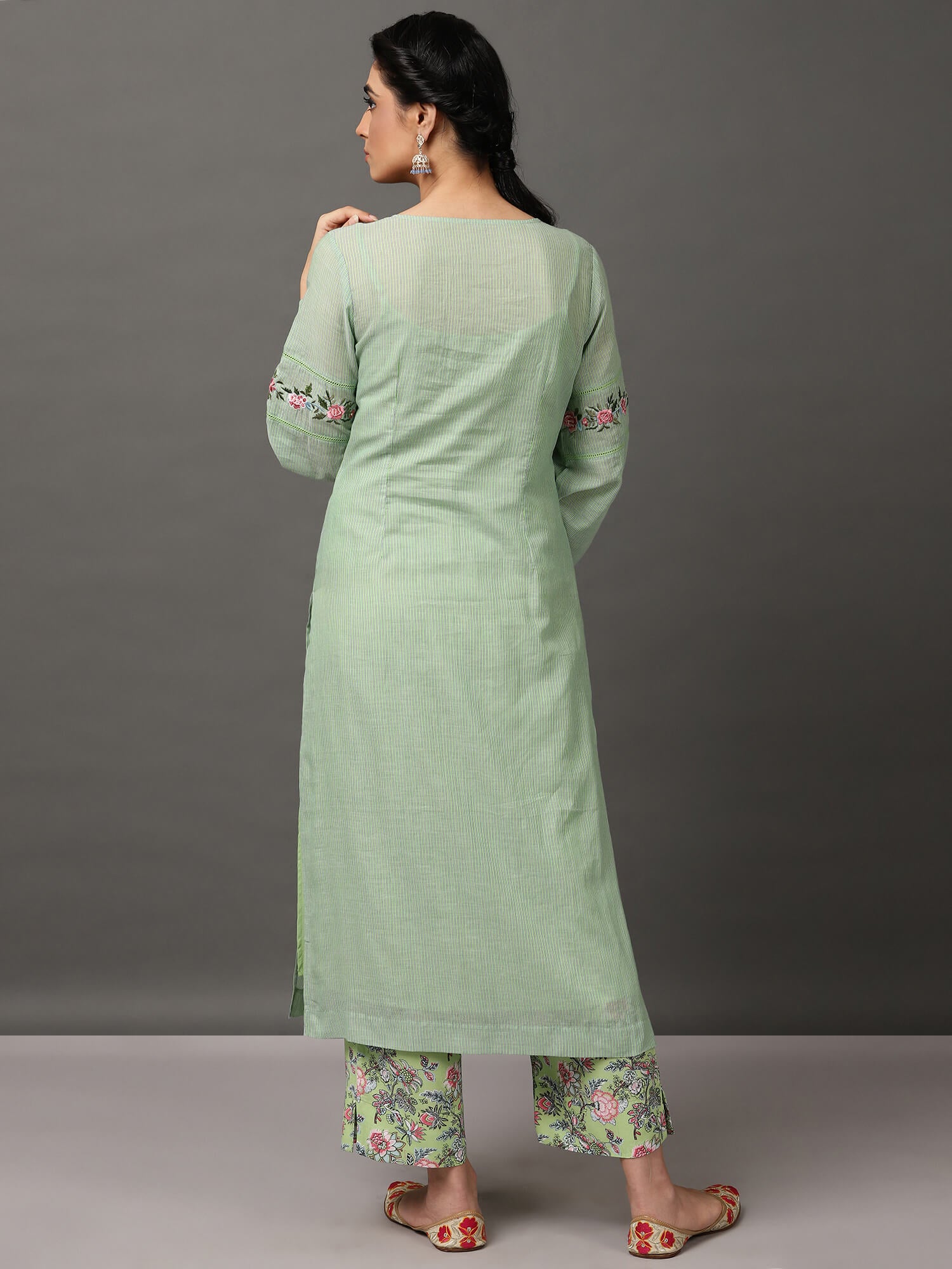 Green Yarn Dyed Kurta & Printed Pant With Inner