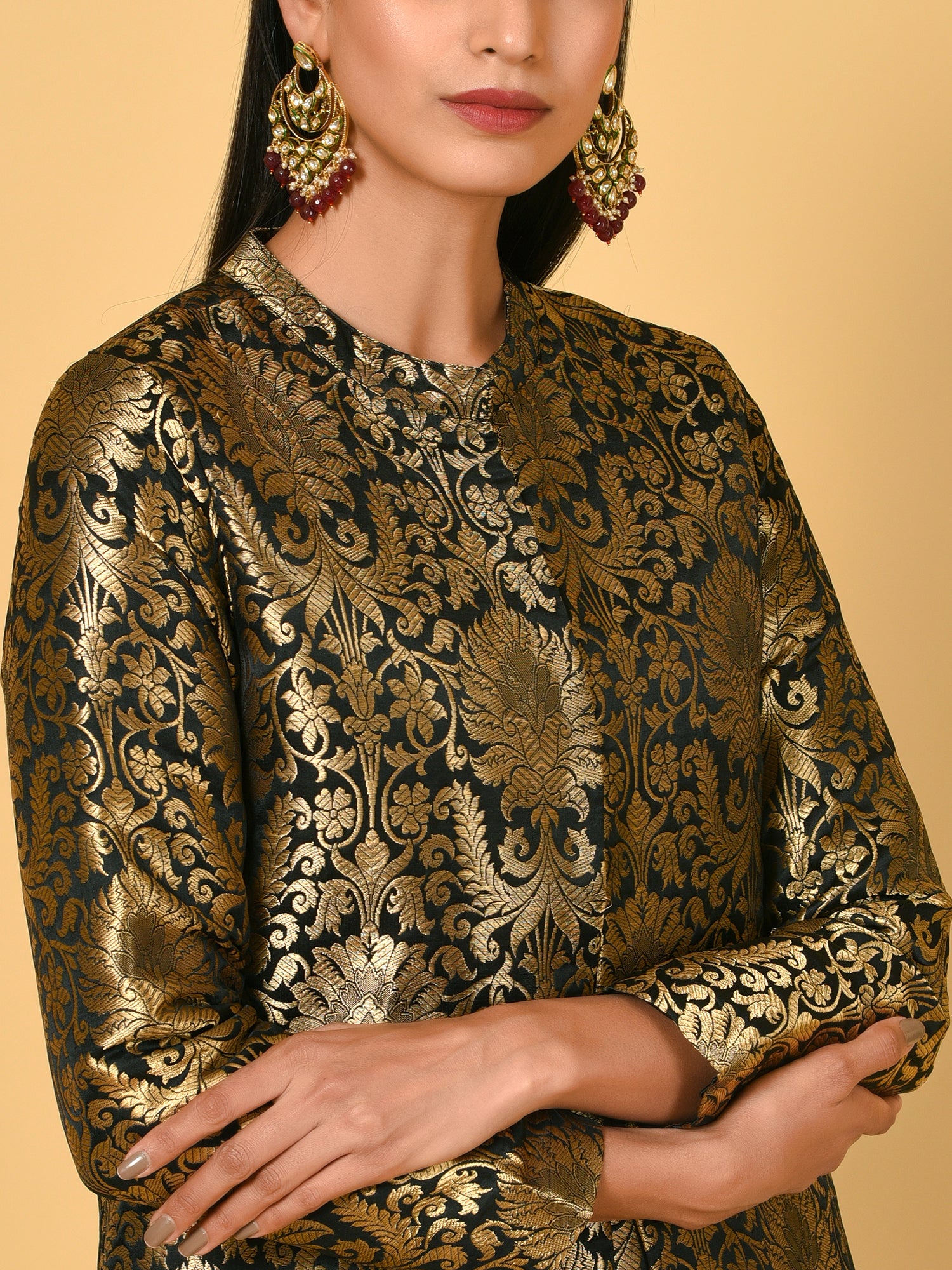 Vivid Black and Gold Kurta Pant and blazer set