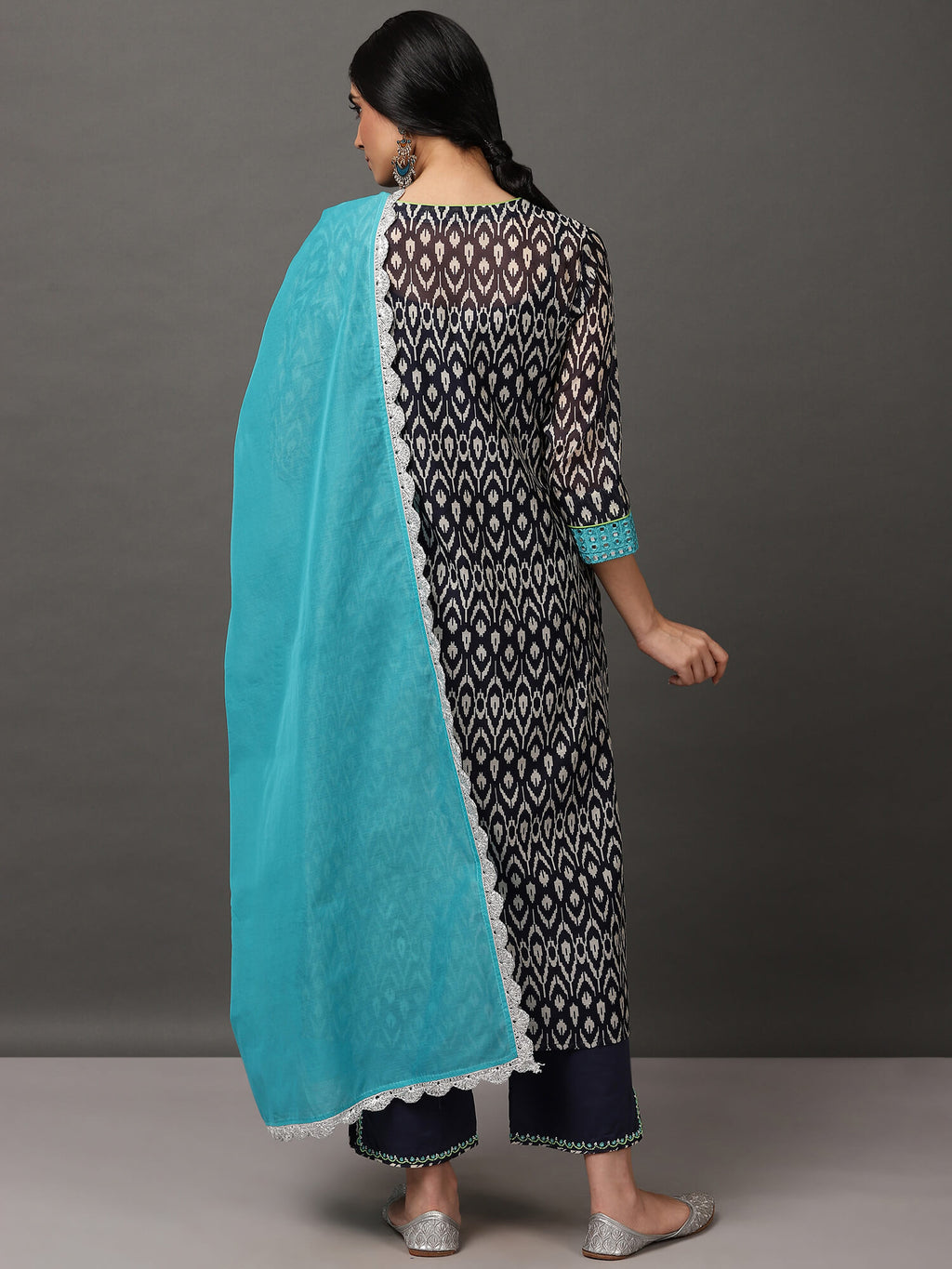 Deep Blue & Turquoise Ikat Kurta And Pant With Dupatta & Camisole