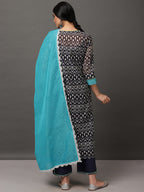 Deep Blue & Turquoise Ikat Kurta And Pant With Dupatta & Camisole