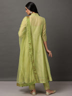 Lime Green Solid Kalidar Chanderi Kurta And Pant With Dupatta & camisole