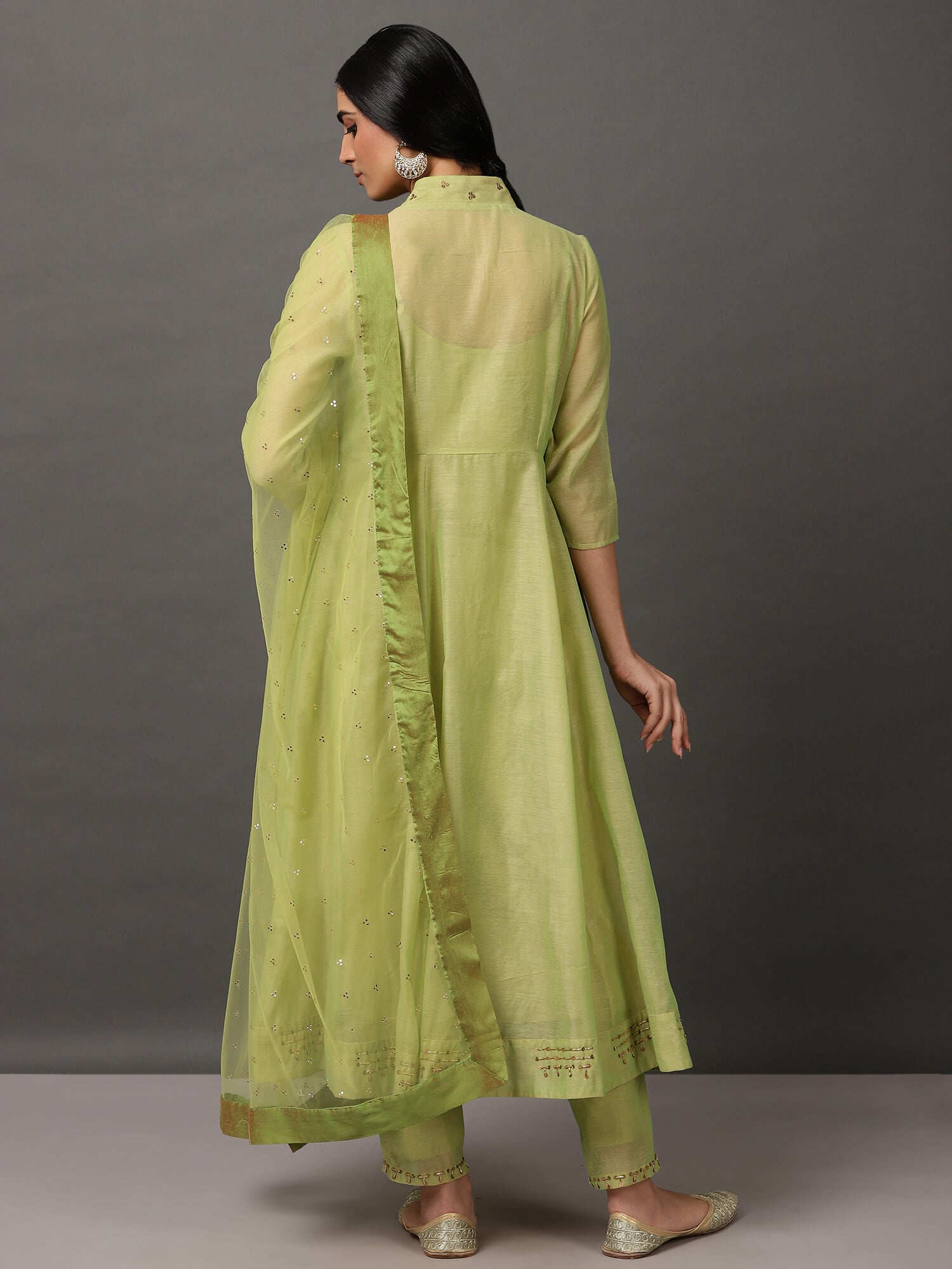 Lime Green Solid Kalidar Chanderi Kurta And Pant With Dupatta & camisole