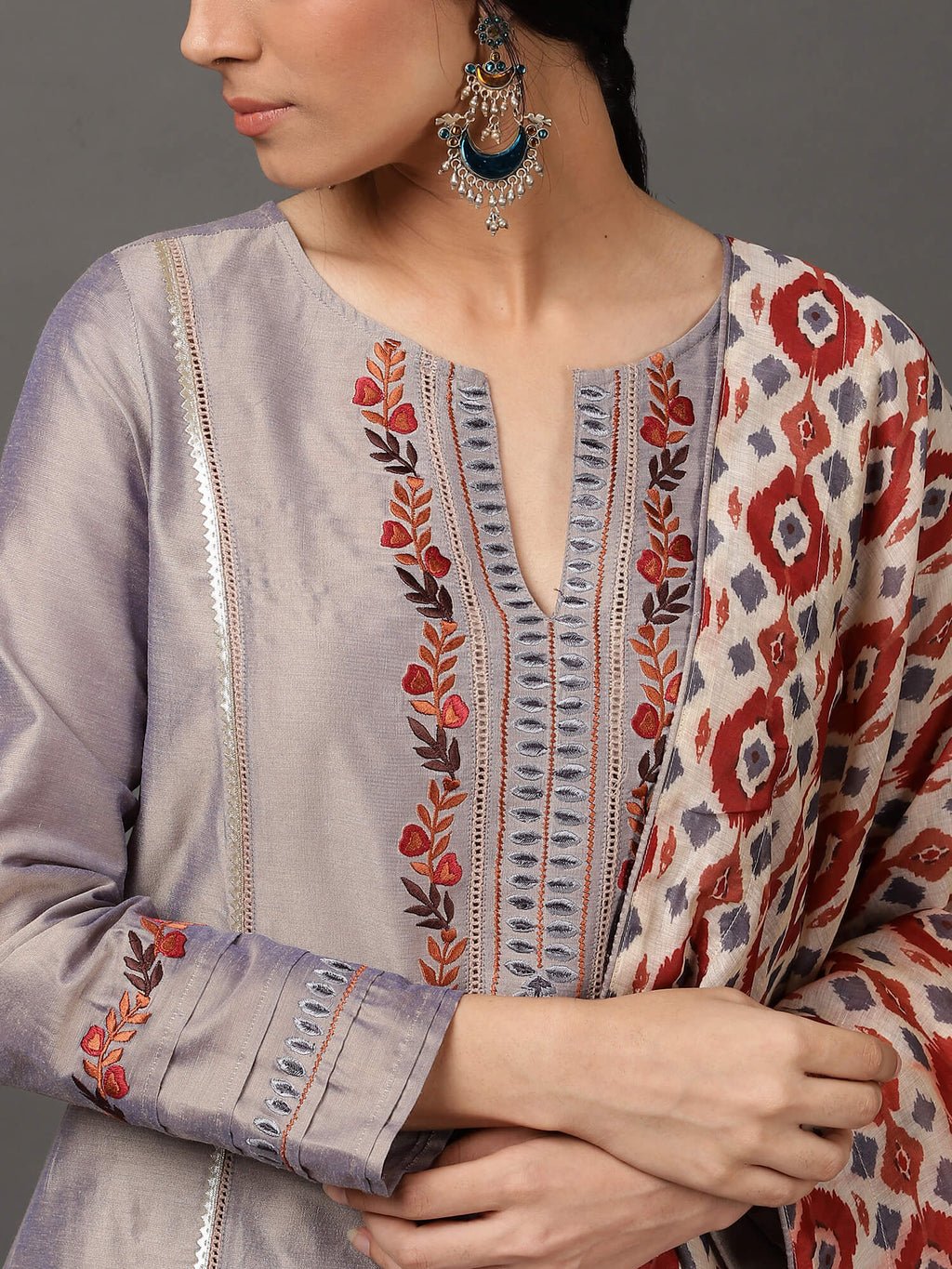 Grey PST Straight Kurta & Pant With Dupatta