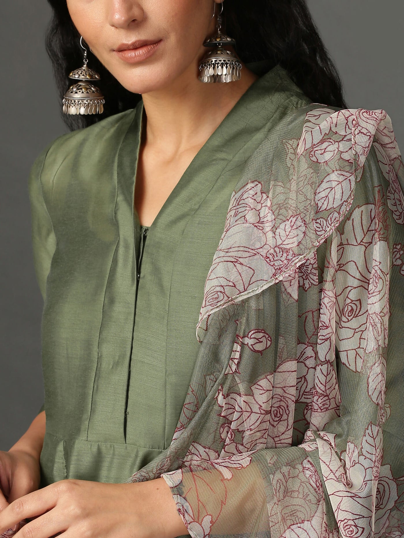 Olive Chanderi Kurta, Pants & Net Dupatta Set