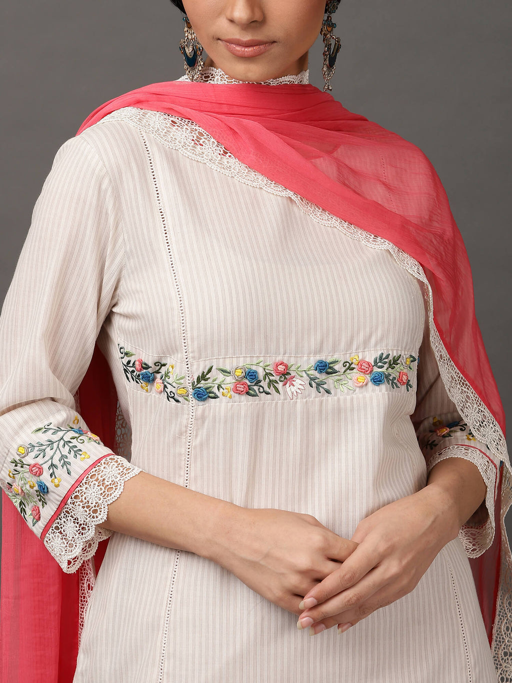 Off white & beige Kurta, Pant & Dupatta set