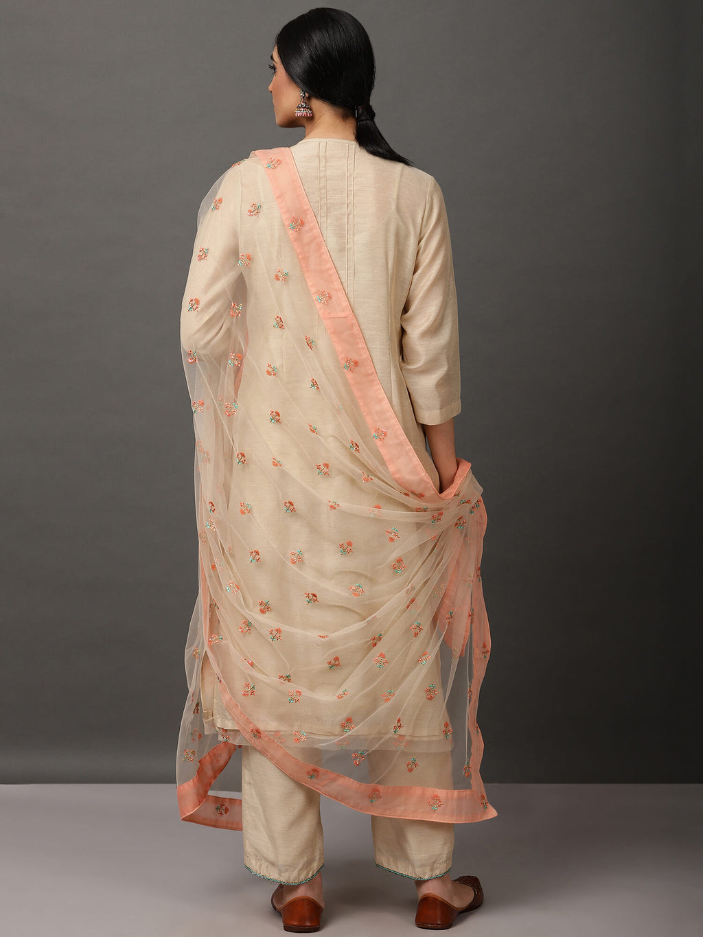 Beige Ecru Chanderi Kurta Set with Dupatta