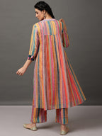 Multi-Color Stripe Chanderi Kurta And Pant With Camisole