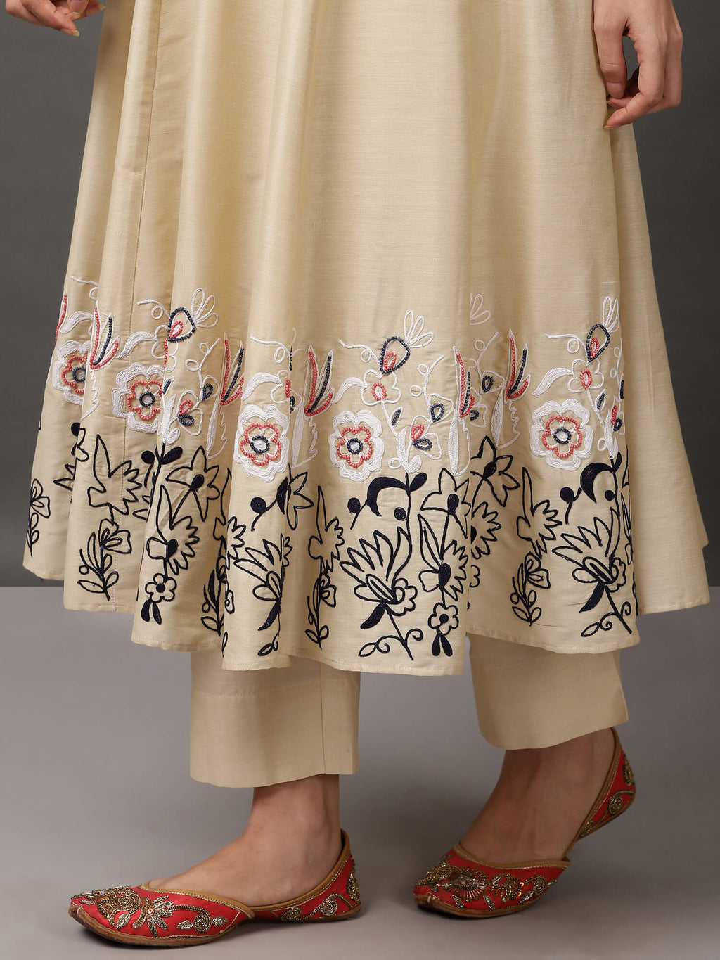Off White Art Silk Kurta With Pant & Dupatta