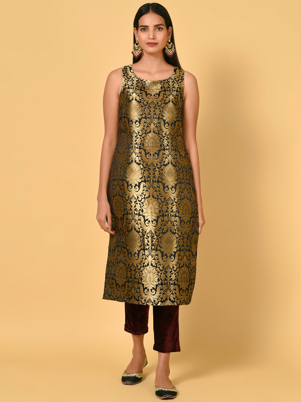 Vivid Black and Gold Kurta Pant and blazer set