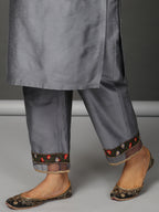 Grey Art Silk Kurta, Pants & Organza Dupatta Set