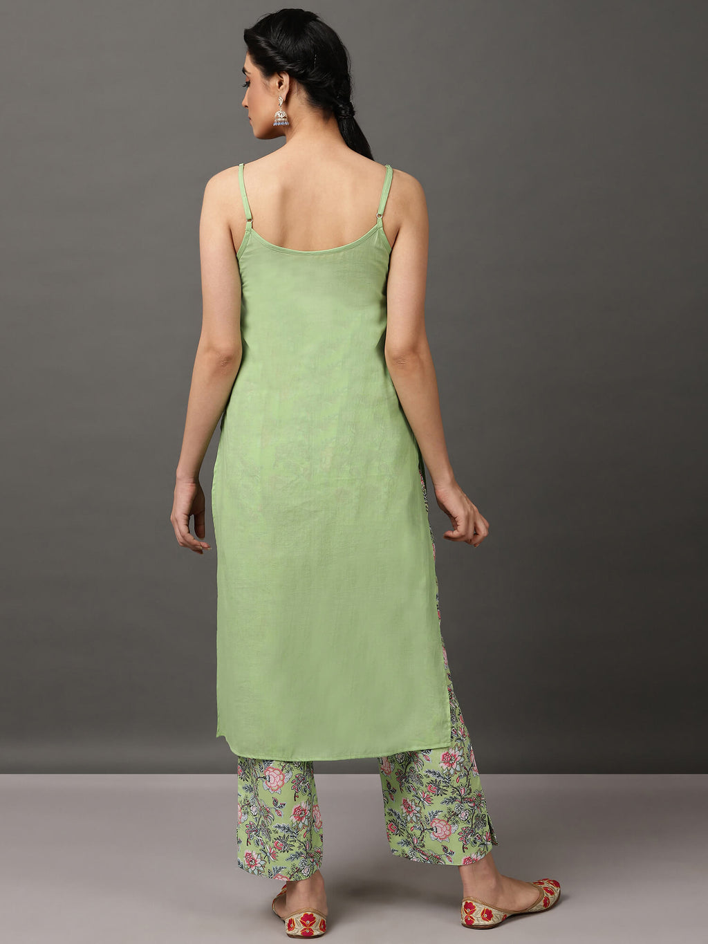 Green Yarn Dyed Kurta & Printed Pant With Inner