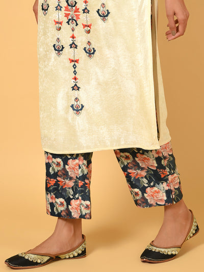 Sublime Ecru velvet Kurta Pant and Dupatta set