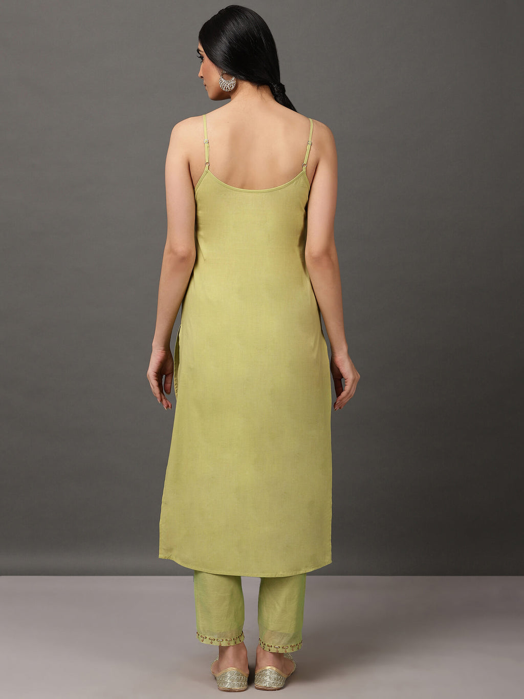 Lime Green Solid Kalidar Chanderi Kurta And Pant With Dupatta & camisole