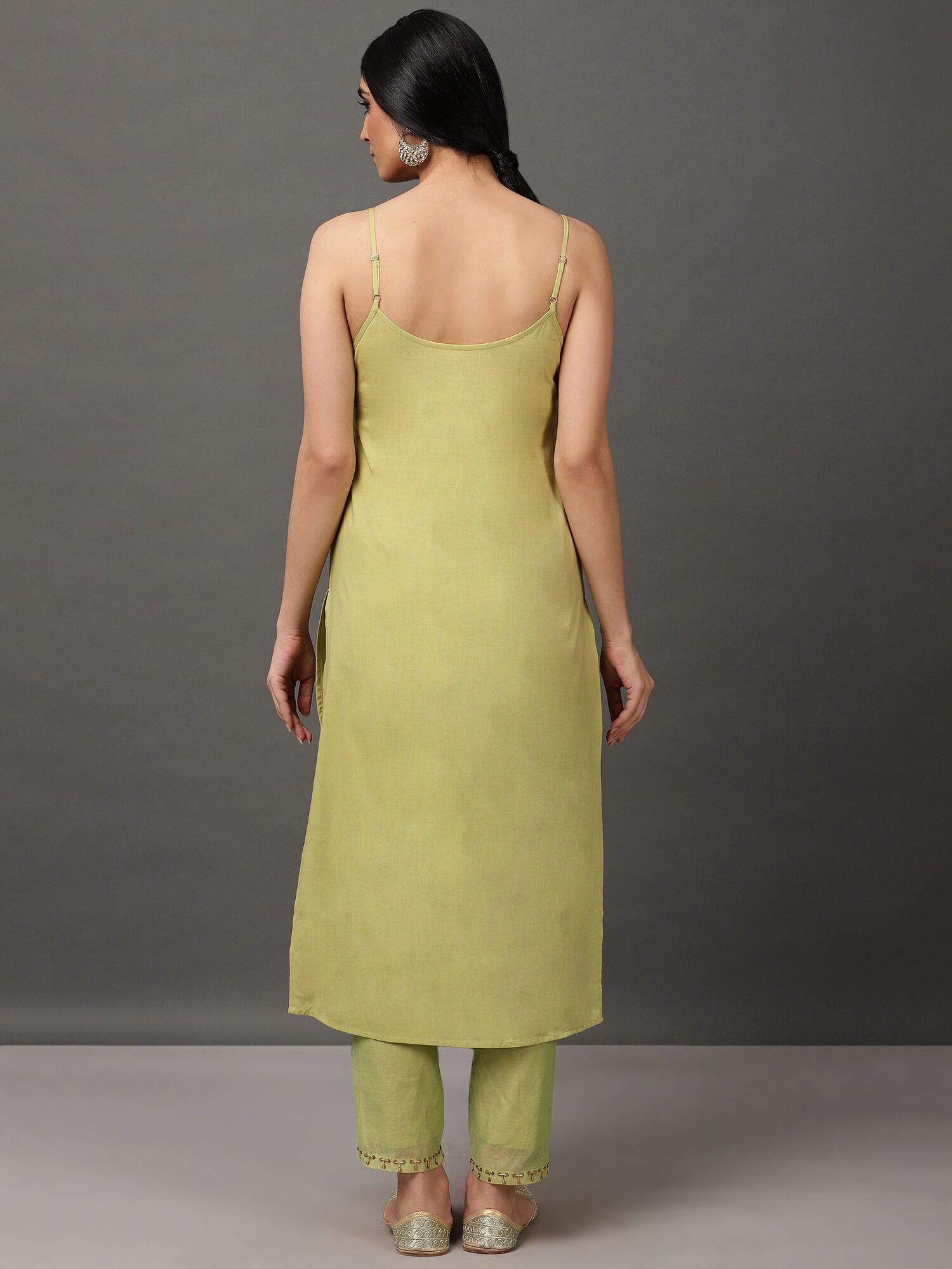 Lime Green Solid Kalidar Chanderi Kurta And Pant With Dupatta & camisole