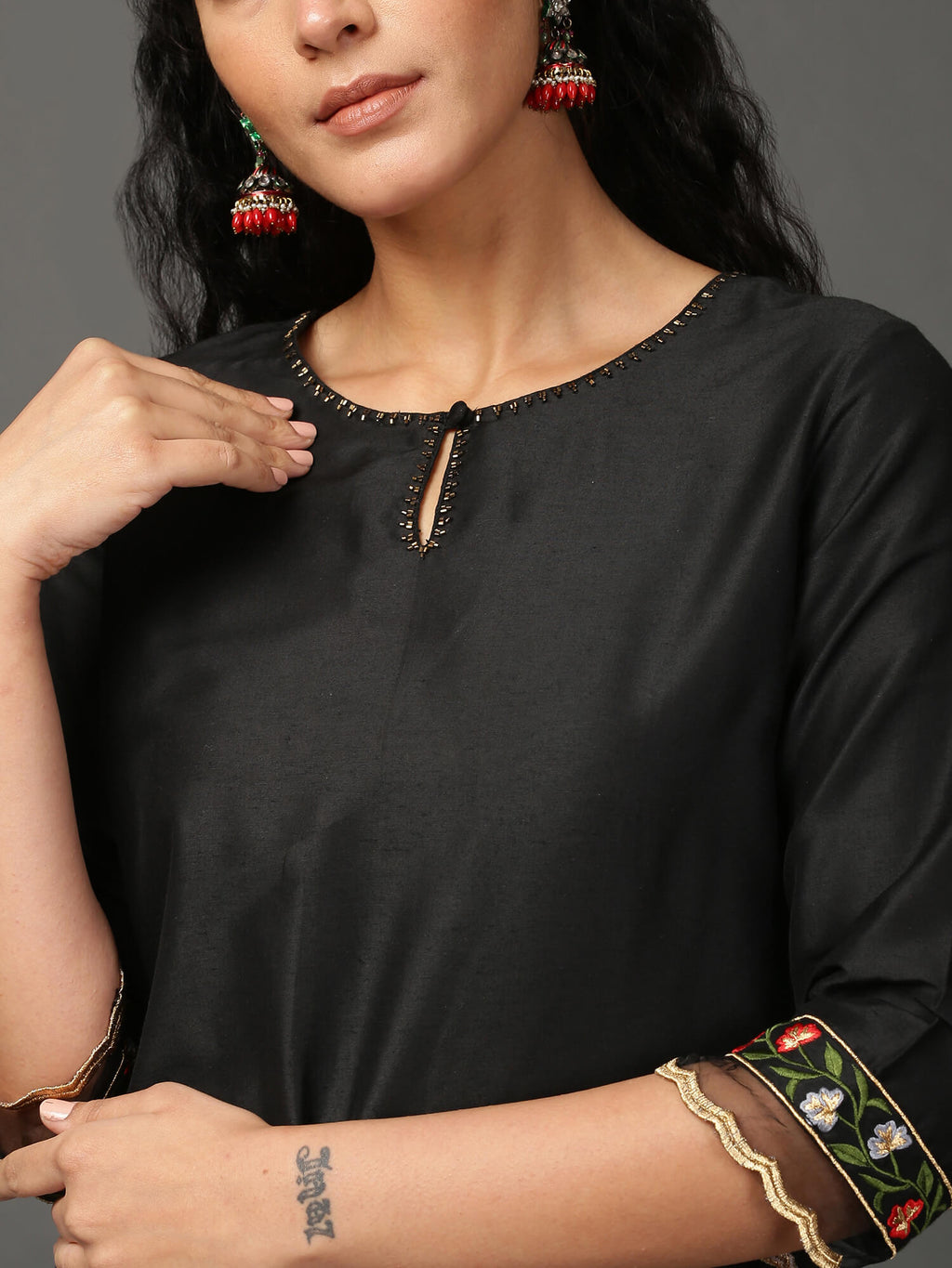 Black Art Silk Kurta Set  with Organza Dupatta