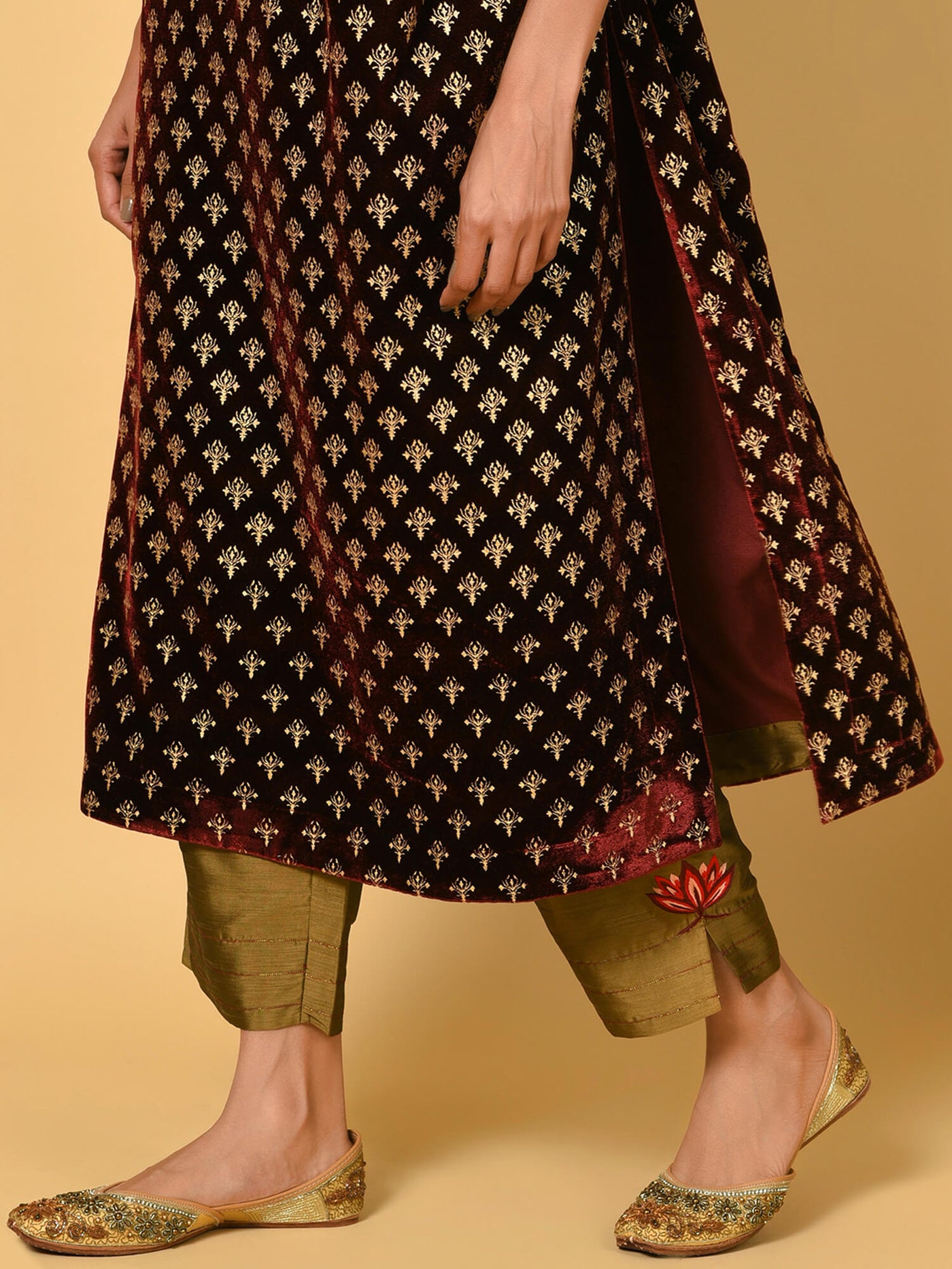 Spotlight in the Maroon and Gold Kurta Pant and Dupatta set