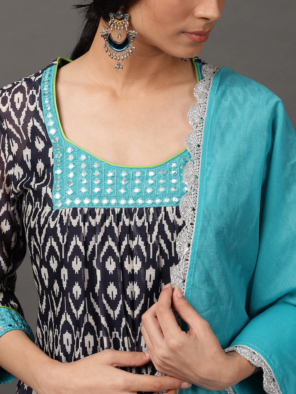 Deep Blue & Turquoise Ikat Kurta And Pant With Dupatta & Camisole