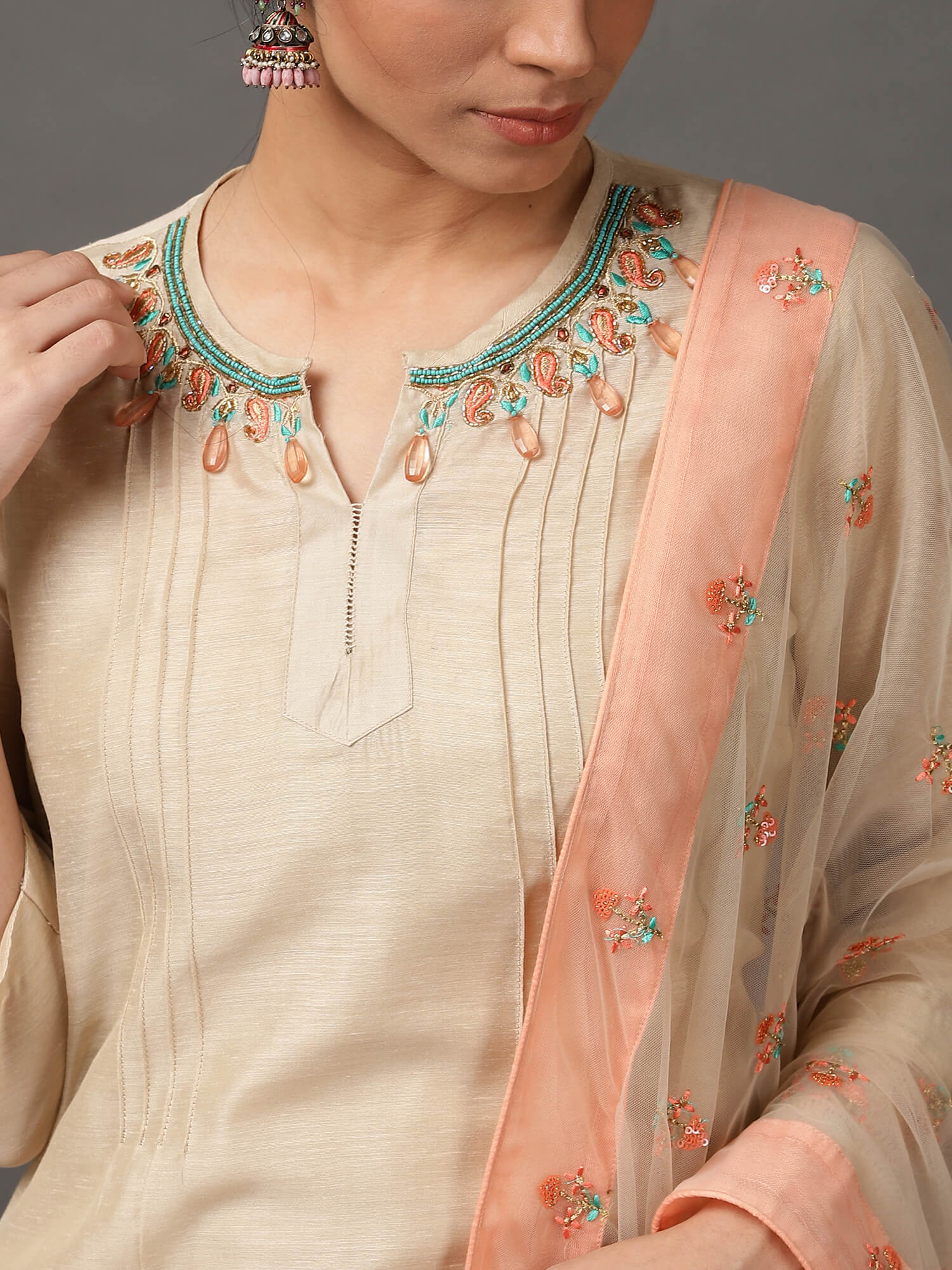 Beige Ecru Chanderi Kurta Set with Dupatta