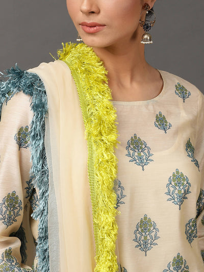 Off White Printed Chanderi Kurta And Pant With Dupatta & Camisole