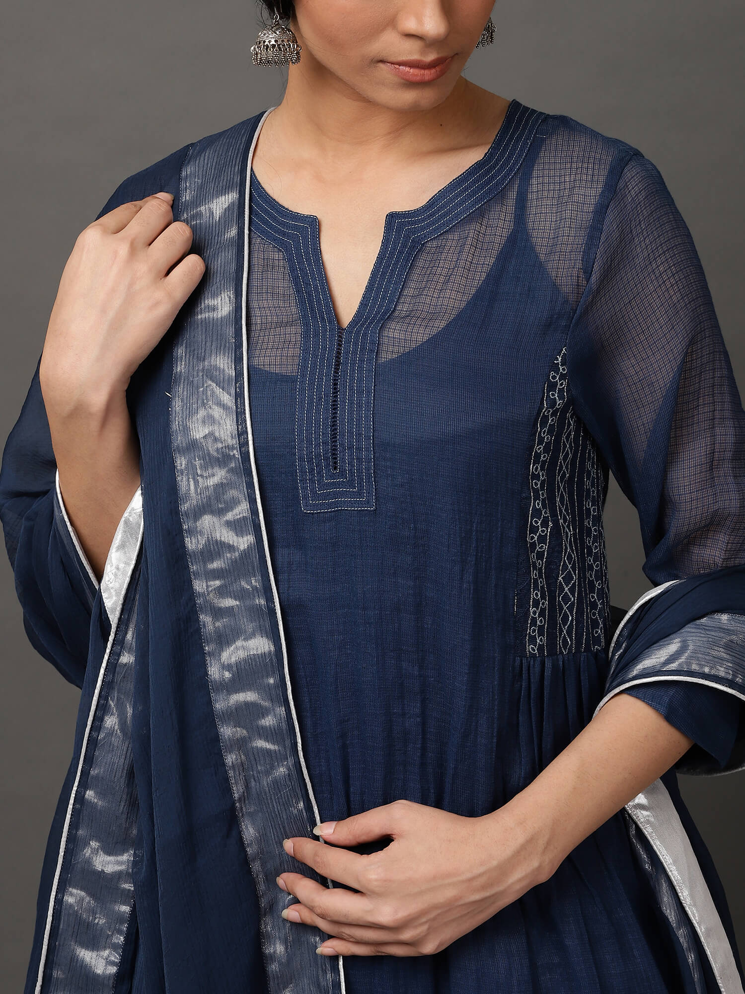 Midnight Blue Kalidaar Kurta, Printed Pant & Dupatta Set