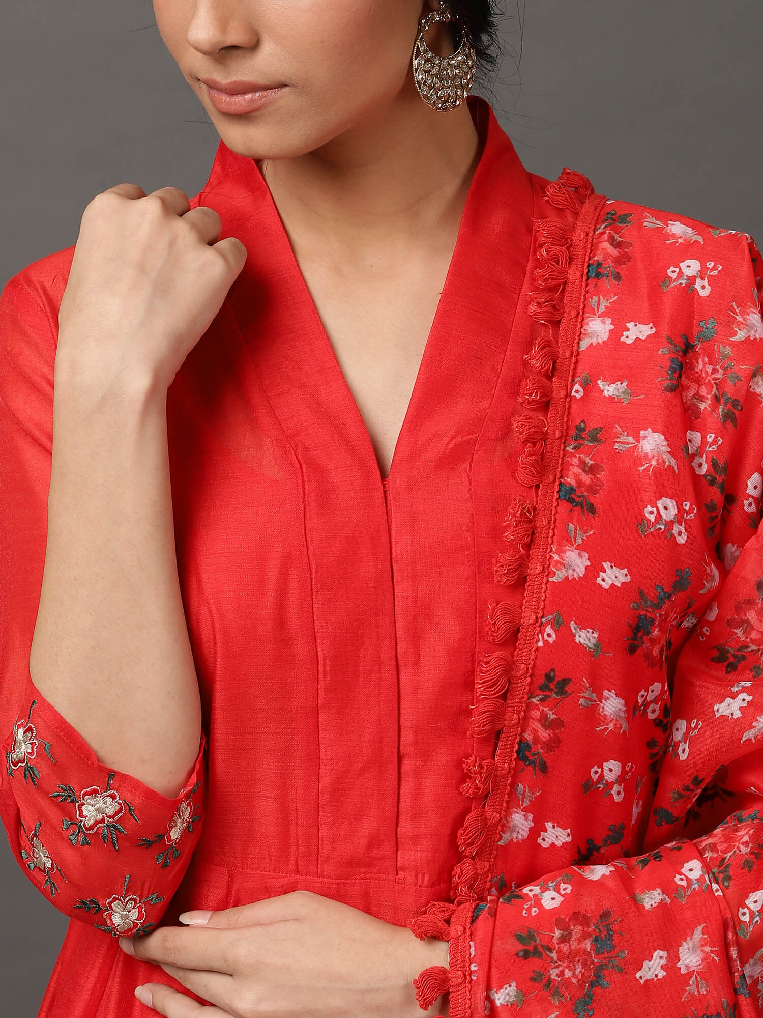 Red Solid Kalidar Kurta And Pant With Dupatta & Camisole