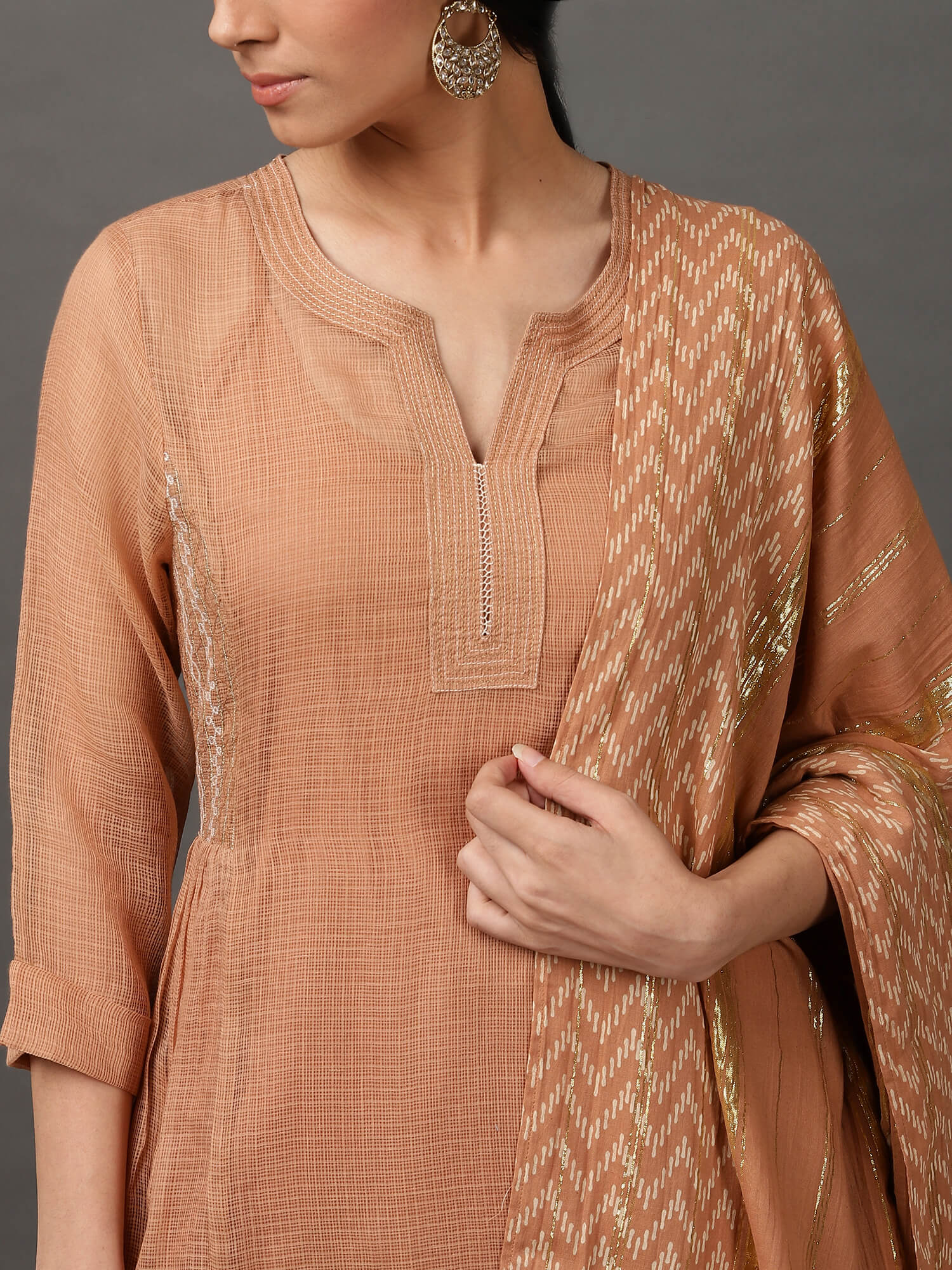 Beige Kalidaar Kurta Set with Churidar & Dupatta