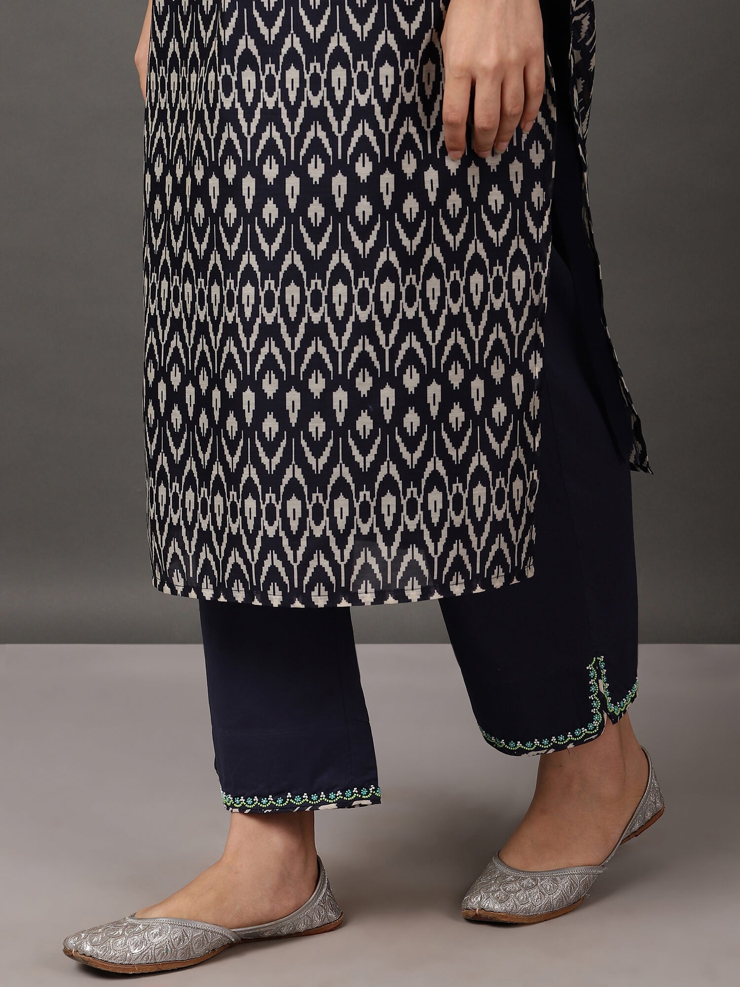 Deep Blue & Turquoise Ikat Kurta And Pant With Dupatta & Camisole