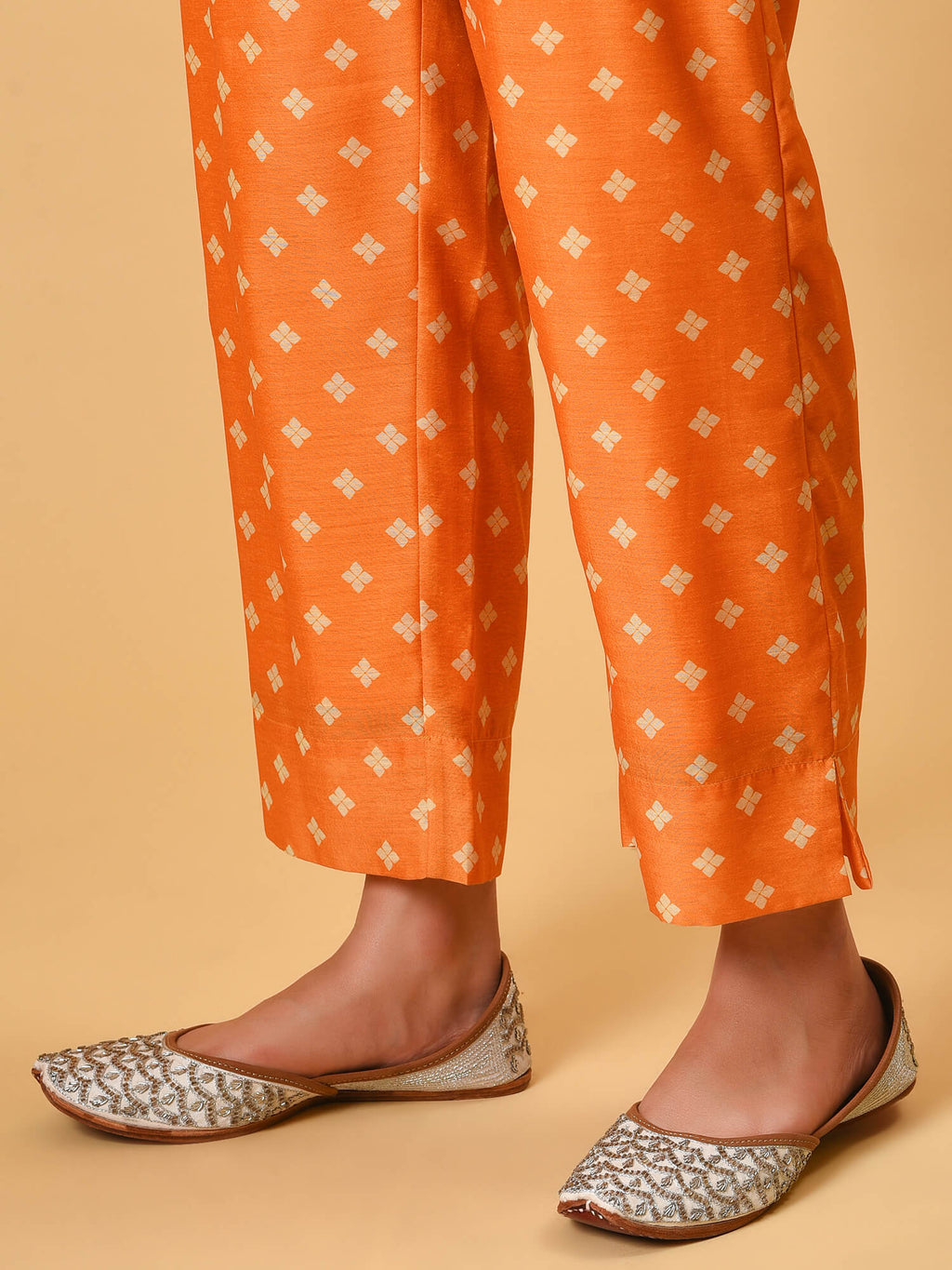 Celebrate in the Indian biscuit coloured printed chanderi Kurta, Pant and dupatta