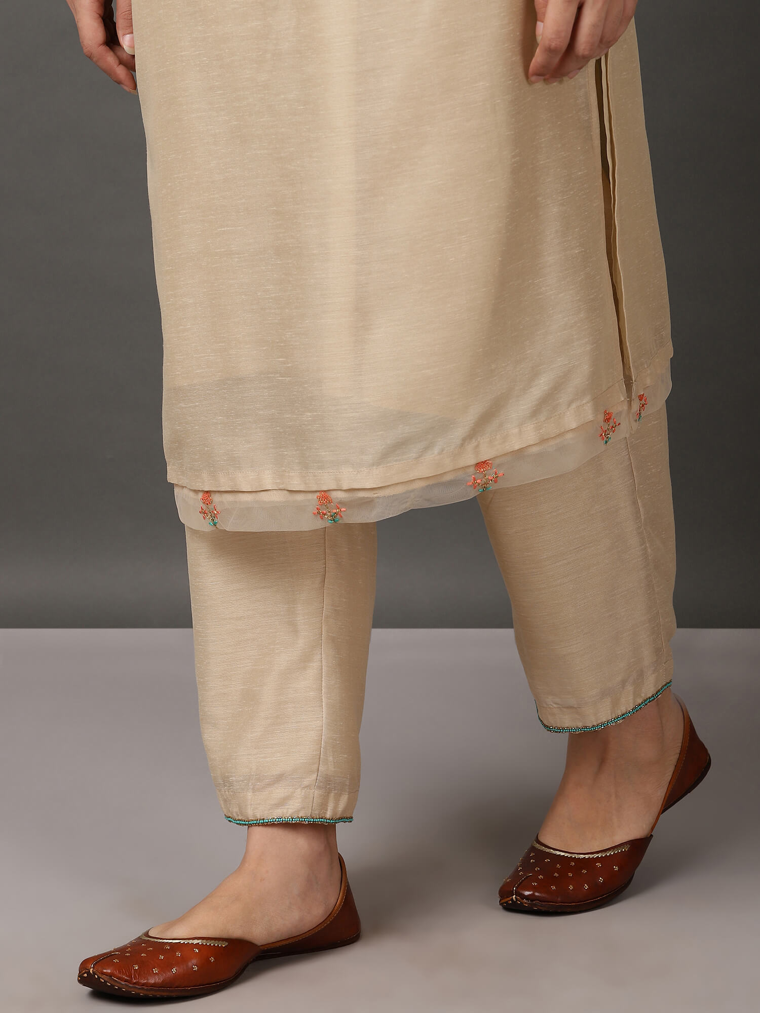 Beige Ecru Chanderi Kurta Set with Dupatta