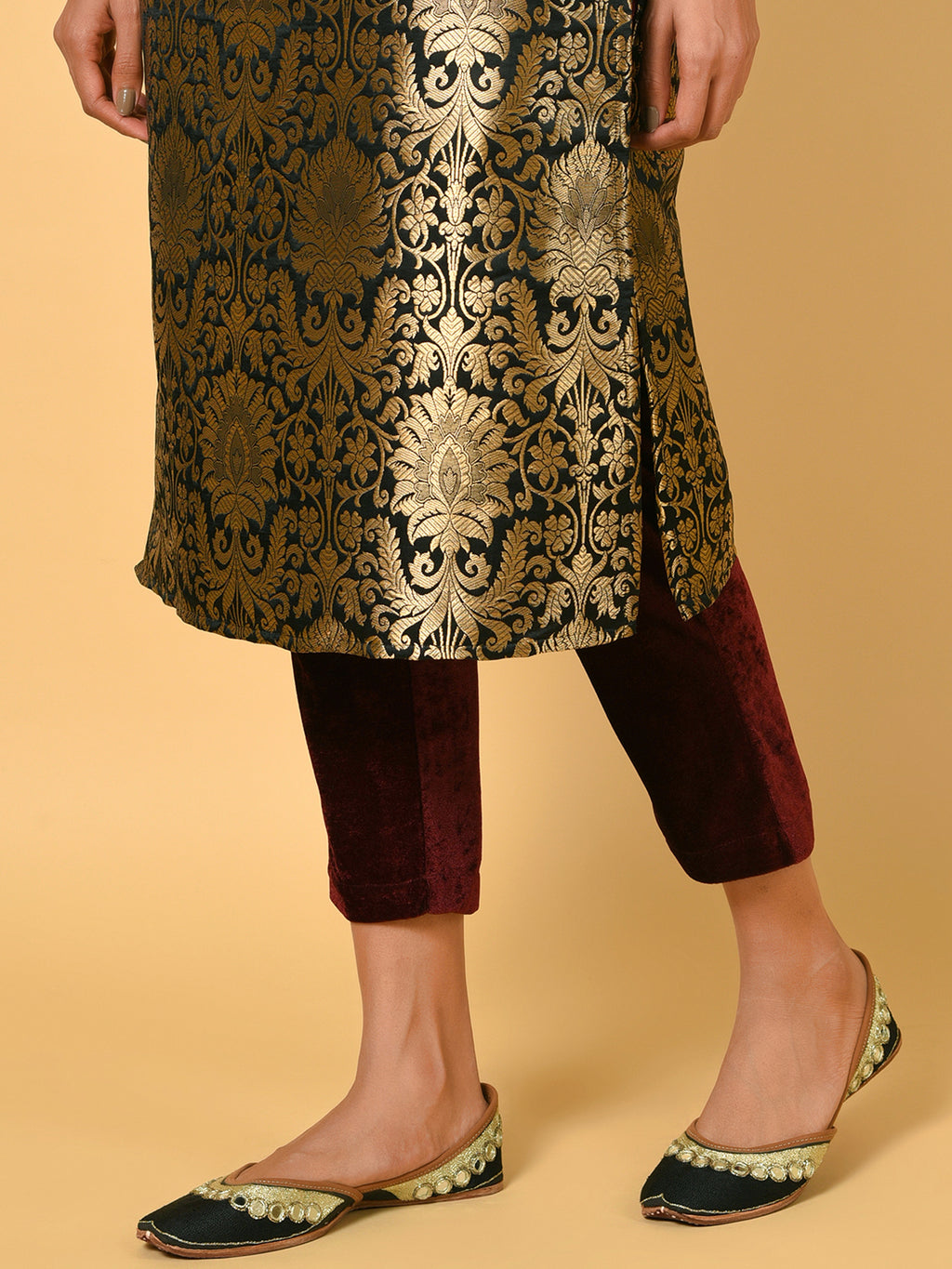 Vivid Black and Gold Kurta Pant and blazer set