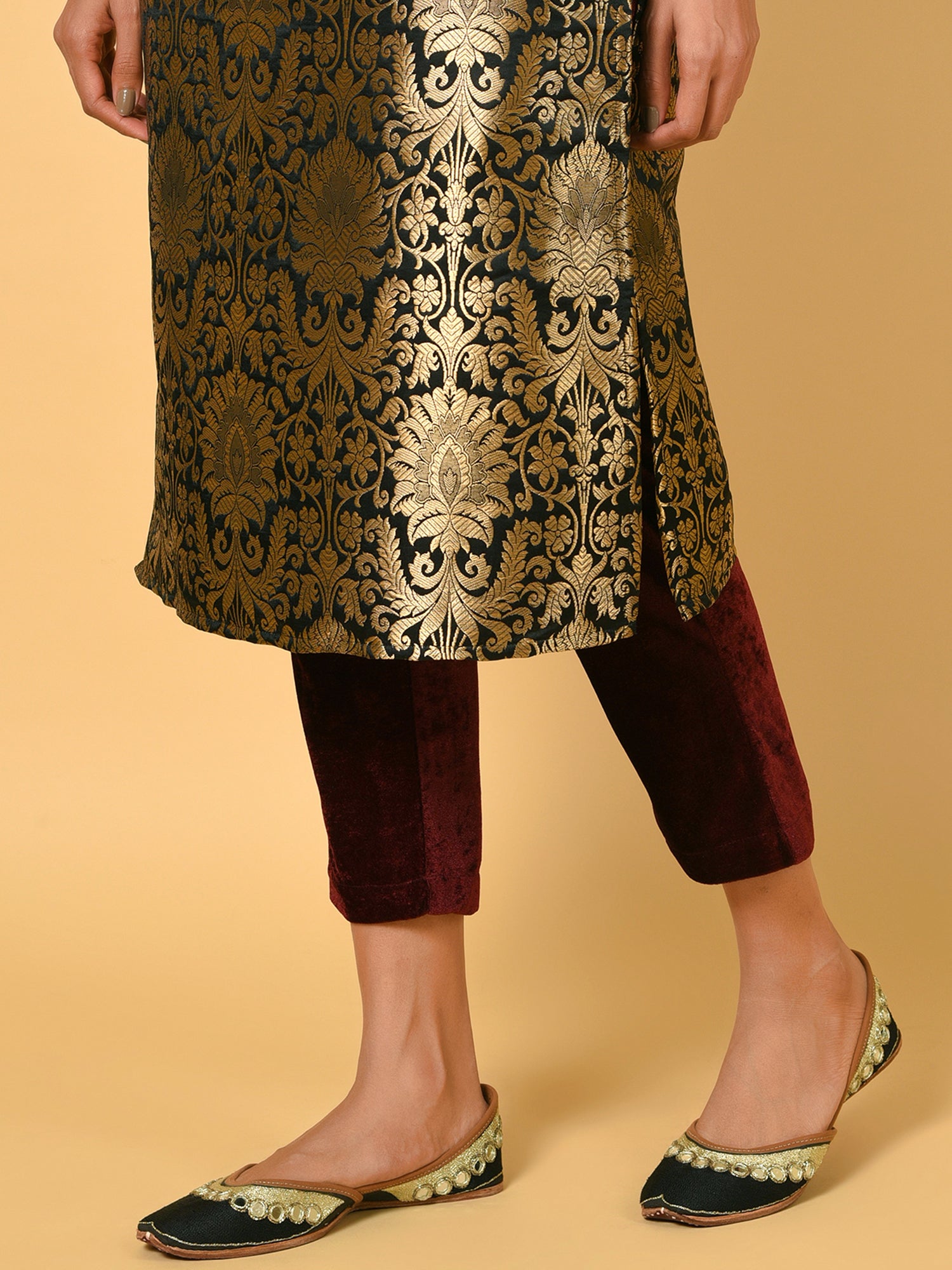 Vivid Black and Gold Kurta Pant and blazer set