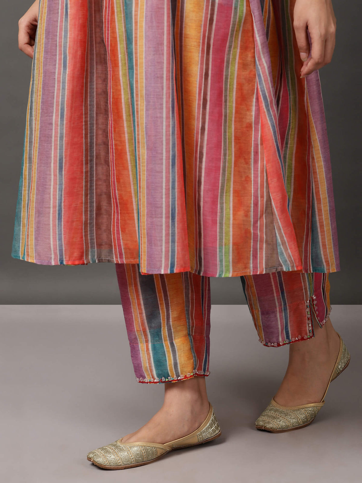 Multi-Color Stripe Chanderi Kurta And Pant With Camisole
