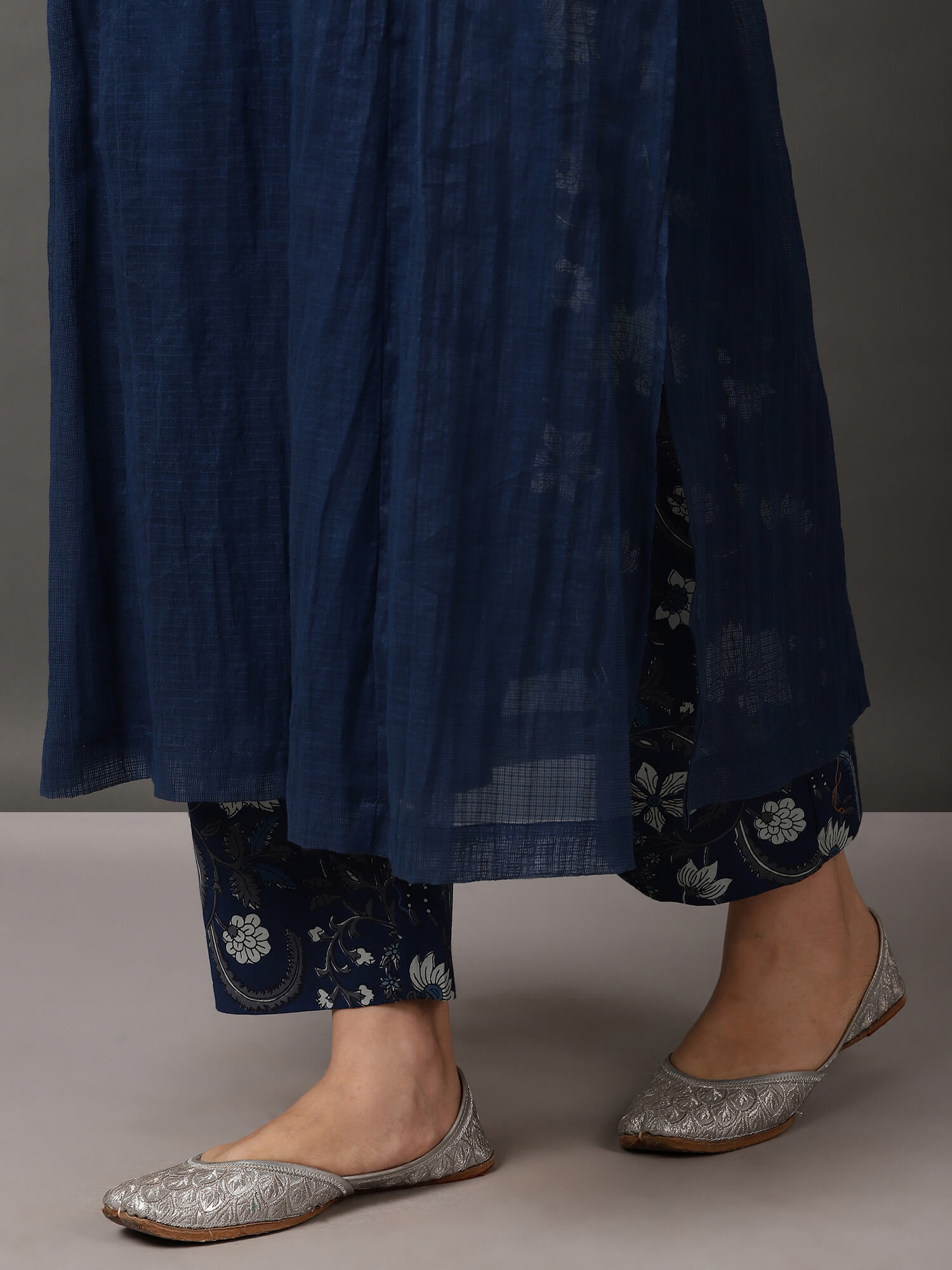Midnight Blue Kalidaar Kurta, Printed Pant & Dupatta Set